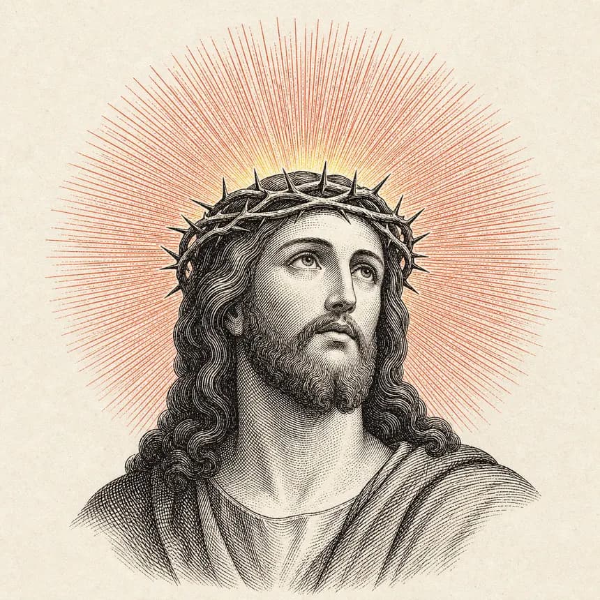 An engraving of Christ crowned with thorns, eyes lifted, inside a halo of rays