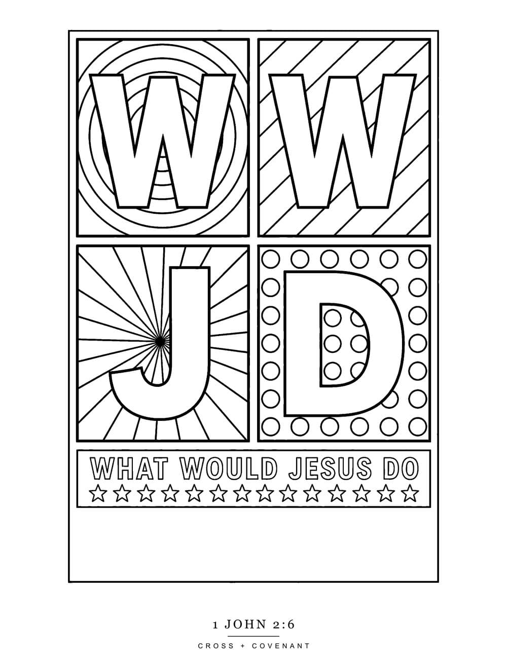 The WWJD Pop Grid coloring page, free with this shirt