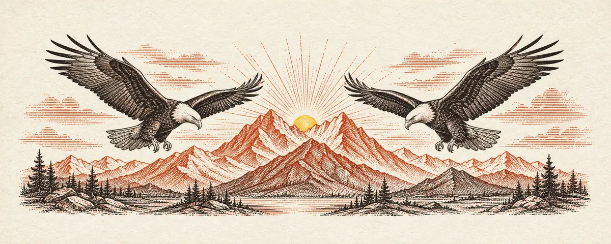An engraving of two bald eagles in flight, banking toward the Montana range with the low sun behind them