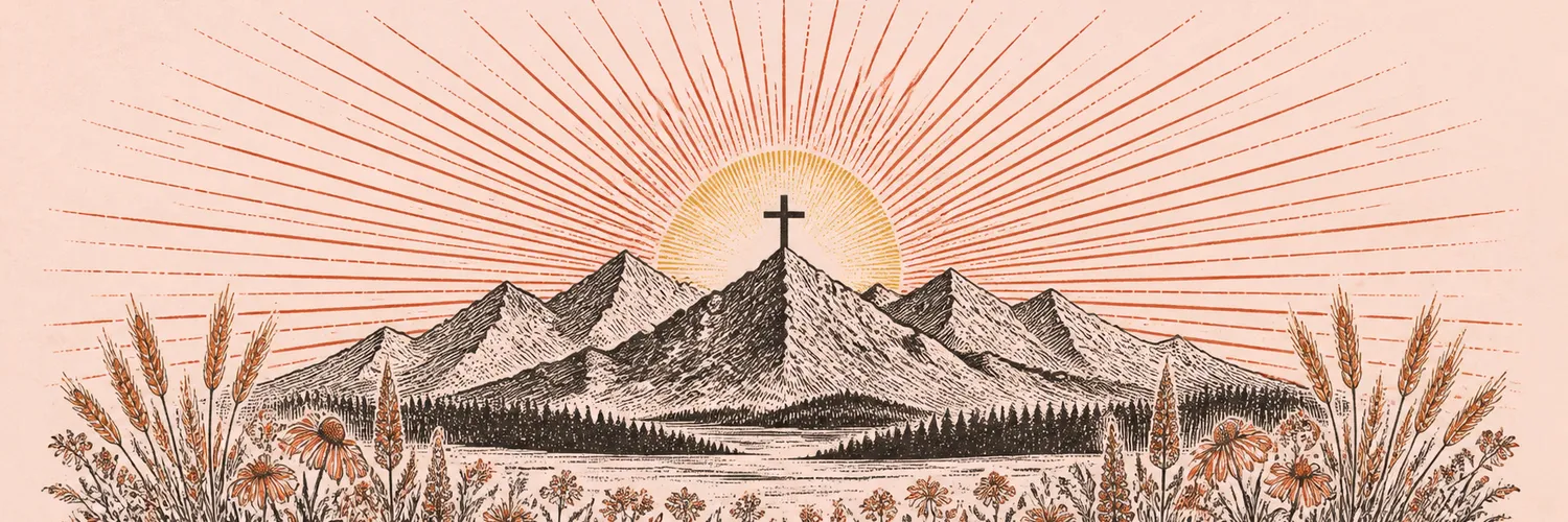 An engraved sunrise over the Montana range, a cross standing in the sun, wildflowers and wheat along the foot